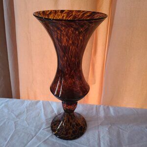 VINTAGE BROWN HAND BLOWN ITALIAN ART GLASS LEOPARD FLARED FOOTED VASE